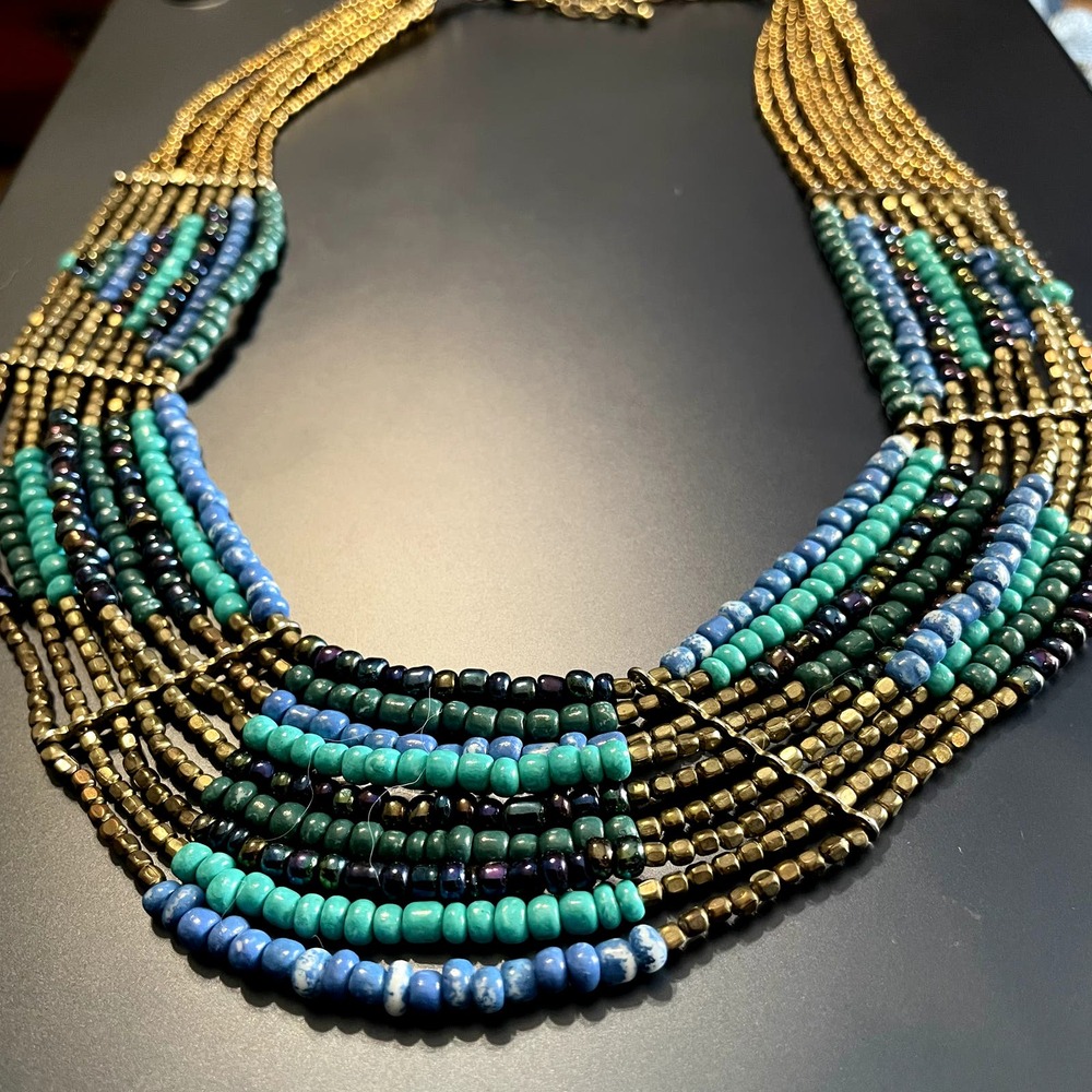 4 for $20 Sale Blue & Gold Bohemian Seed Bead Layered Necklace - Picture 5 of 7